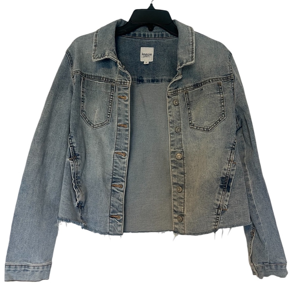 Kenzie Button Up Frayed Cropped Denim jacket Size Large Blue Boxy